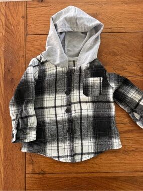 Kids Black & White Plaid Hooded Shirt Jacket